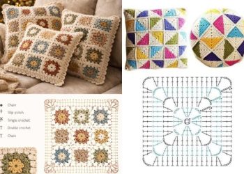 Handgefertigte Kissen mit gehäkelten Quadraten